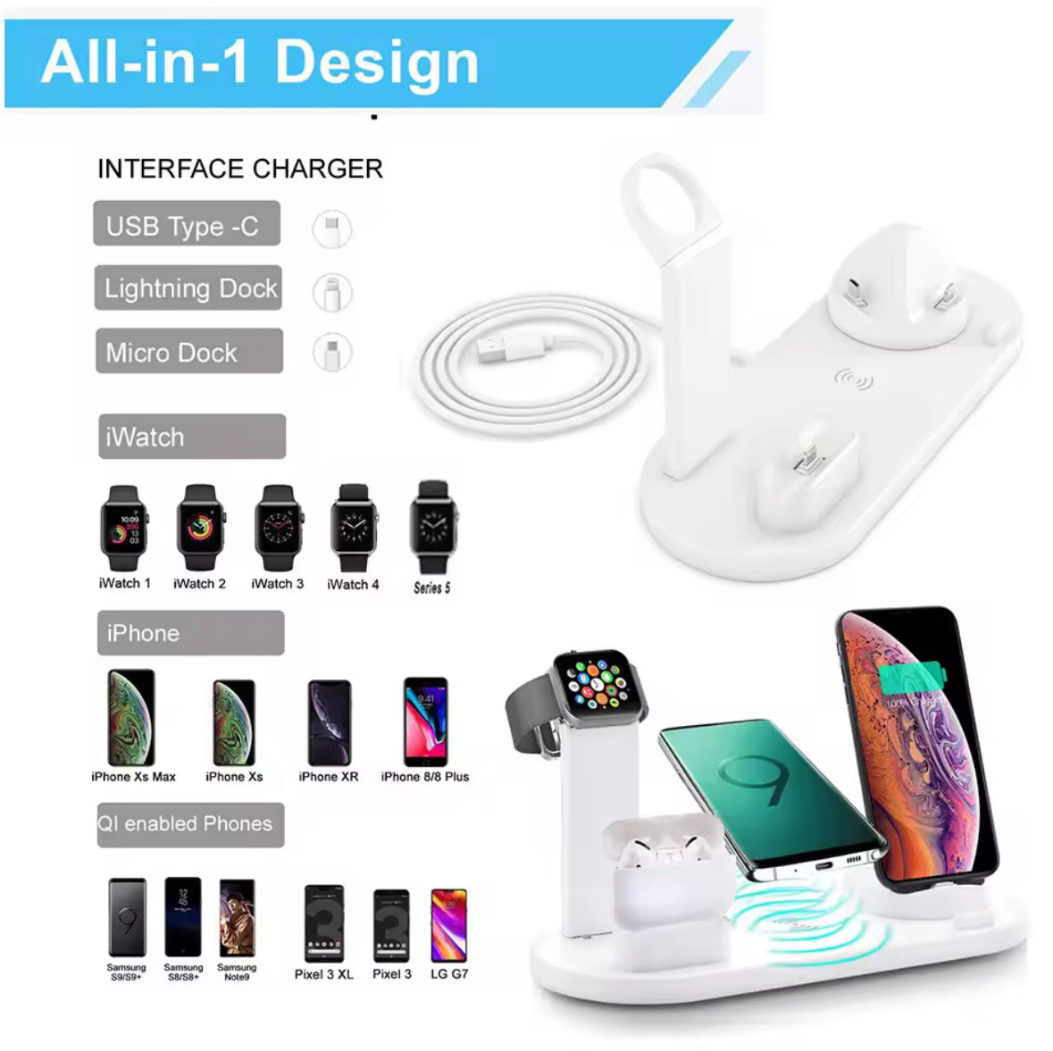 Supporto per caricabatterie wireless 30W 7 in 1 per iPhone 14 13 12 Pro Max Apple Watch Airpods Pro iWatch 8 7 Dock station di ricarica rapida